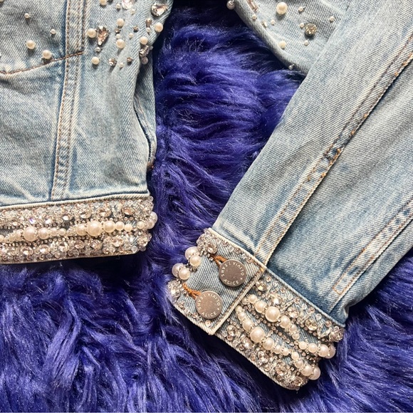 New! Alice & Olivia Nelson Crystal & Pearl Embellished Denim Jacket - Picture 11 of 12